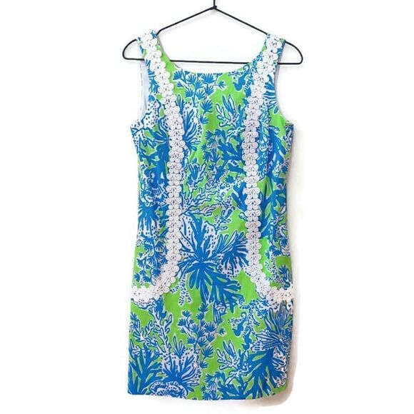 Lilly Pulitzer Liz Shift Dress Sleeveless Blue Green White Lace Coral Print 2